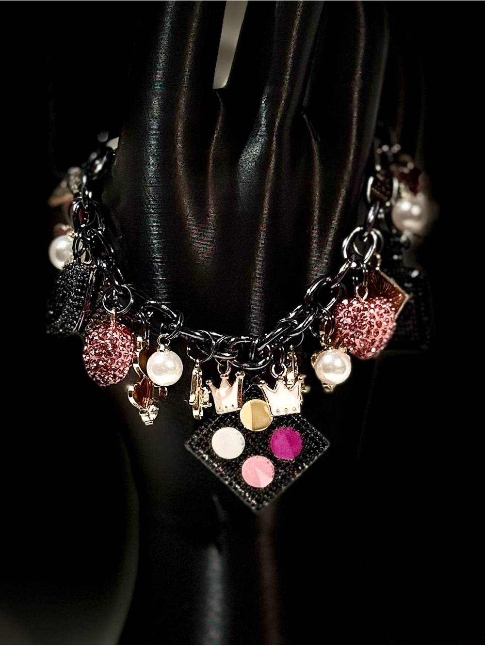 Black Girly Charm Bracelet with Pink and Pearl Accents